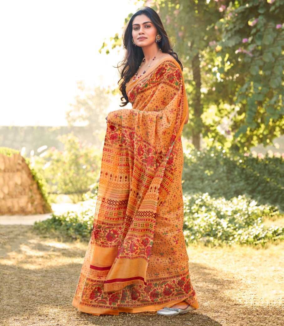 Fancy Printed Daily Wear Sonakshi Silk Orange Sarees - Stilento