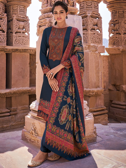 Faux Pashmina Blue Unstitched Suits Dress Material for Woman