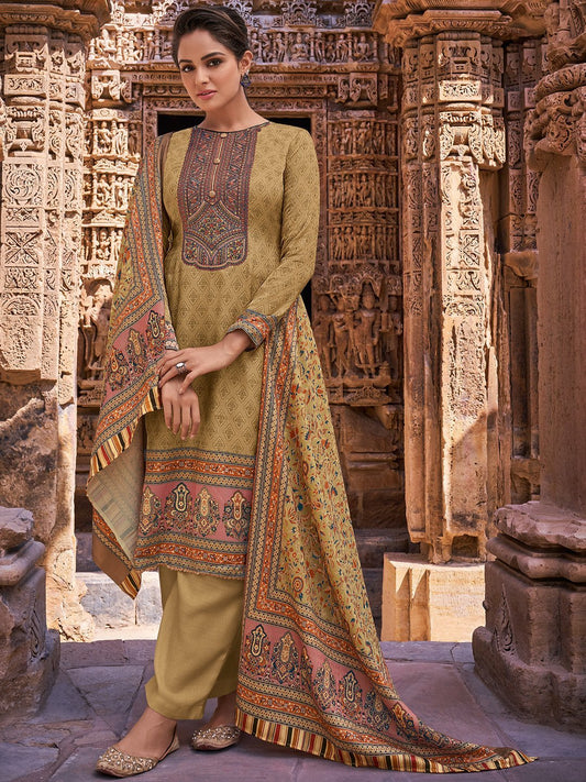 Faux Pashmina Brown Unstitched Suits Dress Material for Woman