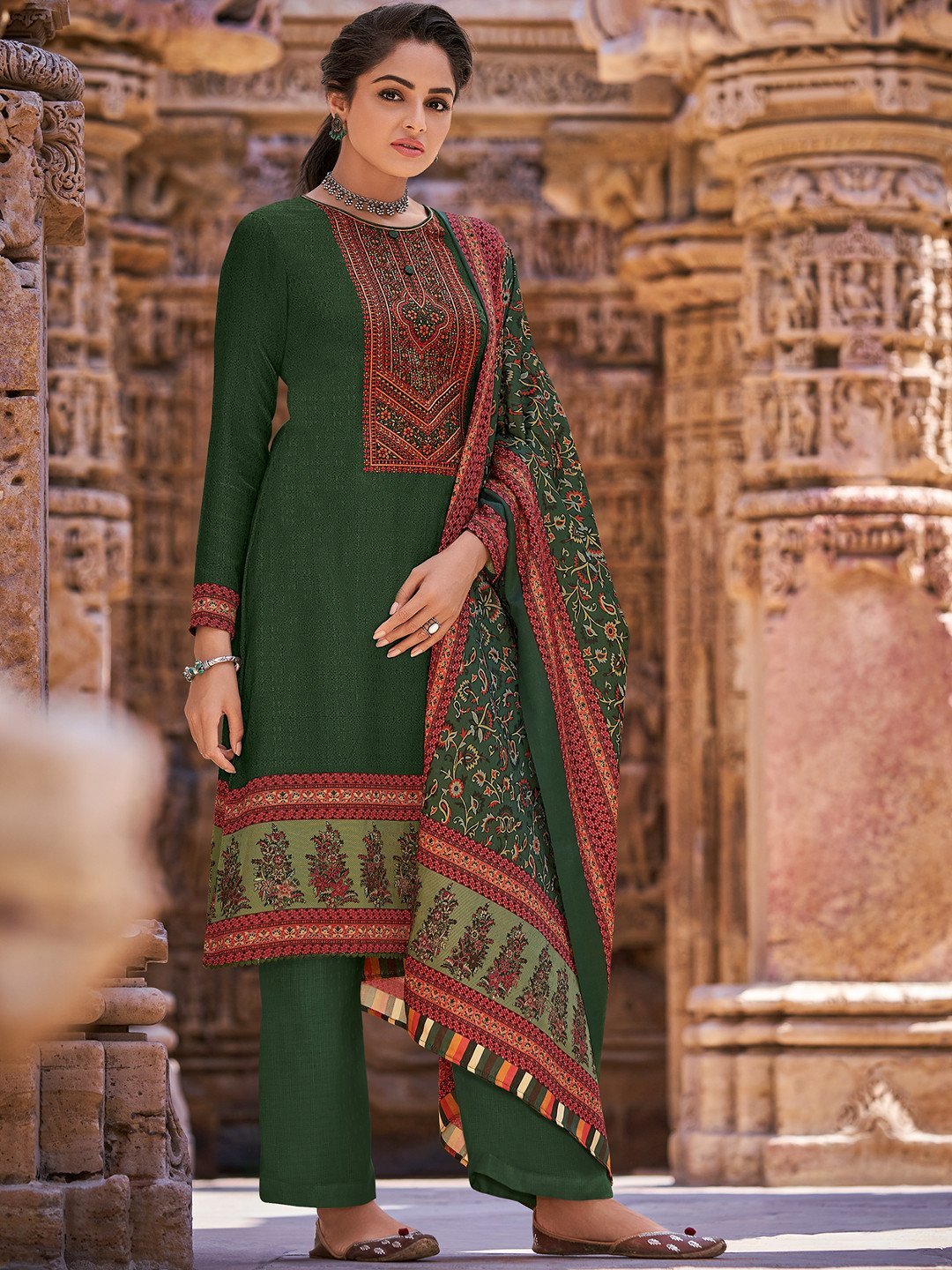 Faux Pashmina Green Unstitched Suits Dress Material for Woman - Stilento