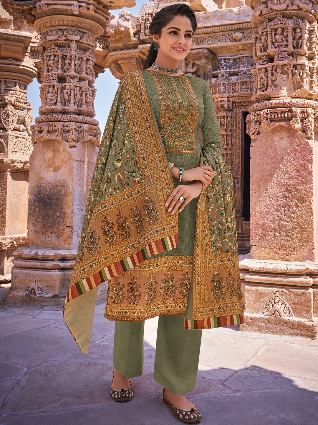 Faux Pashmina Green Unstitched Suits Dress Material for Woman - Stilento