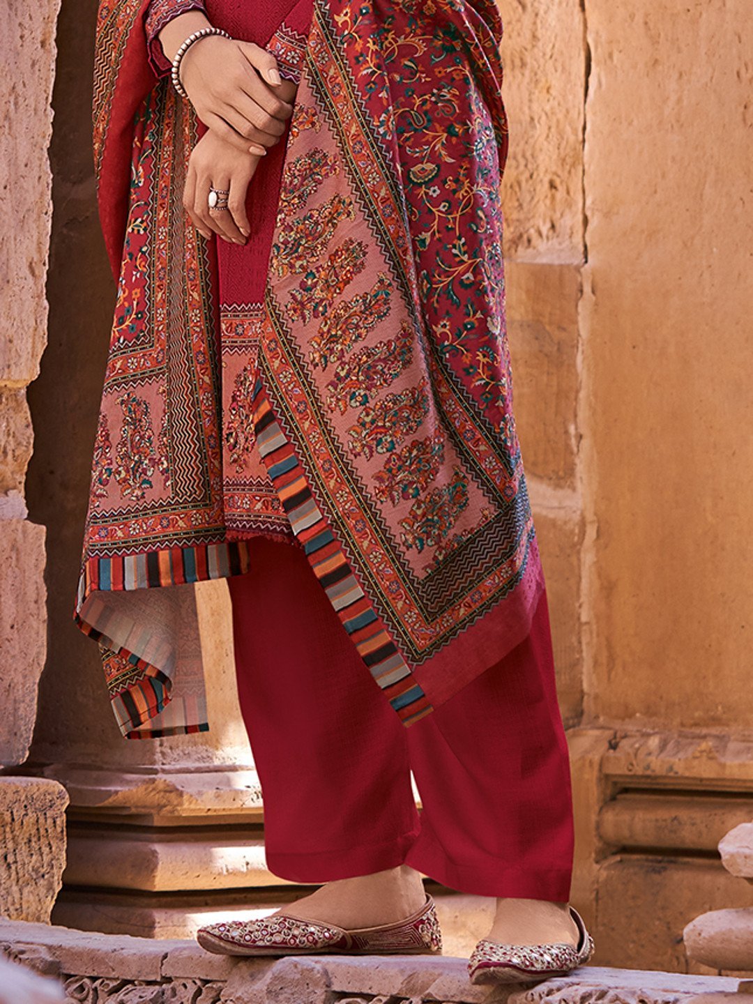 Faux Pashmina Maroon Unstitched Suits Dress Material for Woman - Stilento