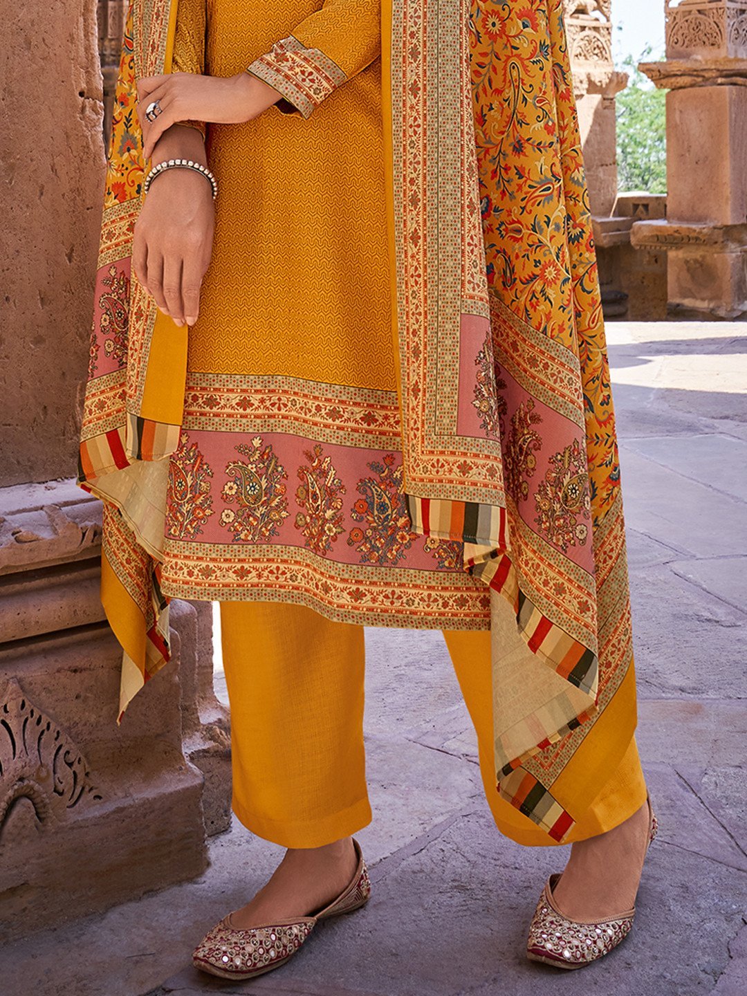 Faux Pashmina Yellow Unstitched Suits Dress Material for Woman - Stilento