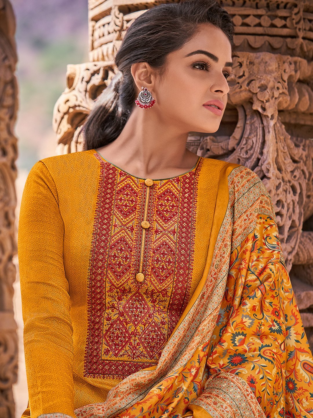 Faux Pashmina Yellow Unstitched Suits Dress Material for Woman - Stilento