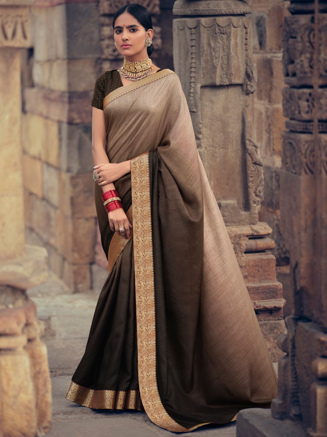 Faux Silk Woman Brown Saree With Heavy Lace and Blouse - Stilento