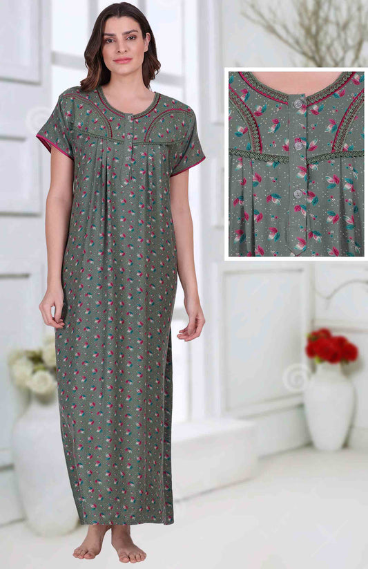 Floral Printed Cotton Long Green Nighty for ladies - Stilento