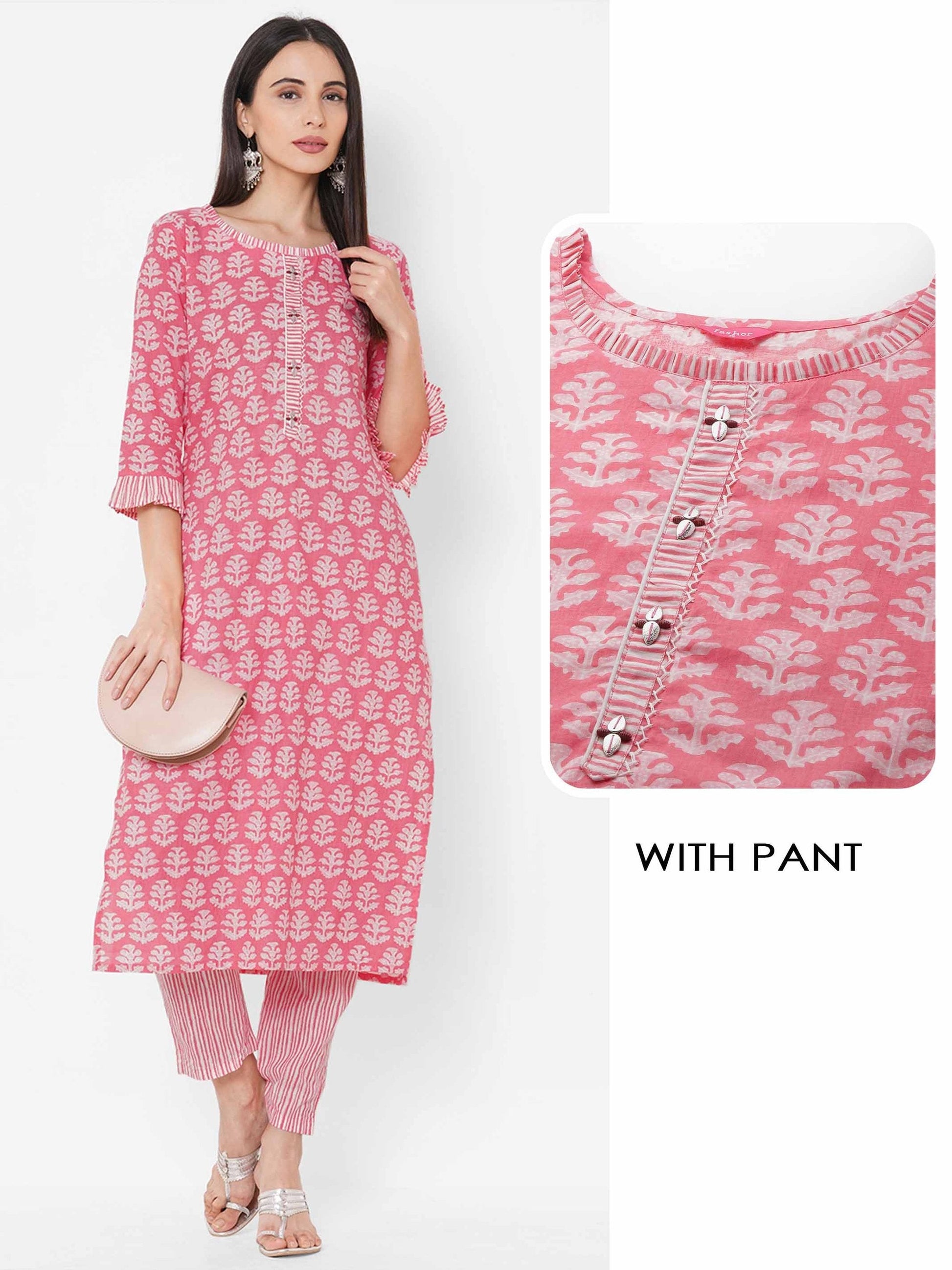 Floral Printed Pink Straight Cotton Kurta Pant Set - Stilento