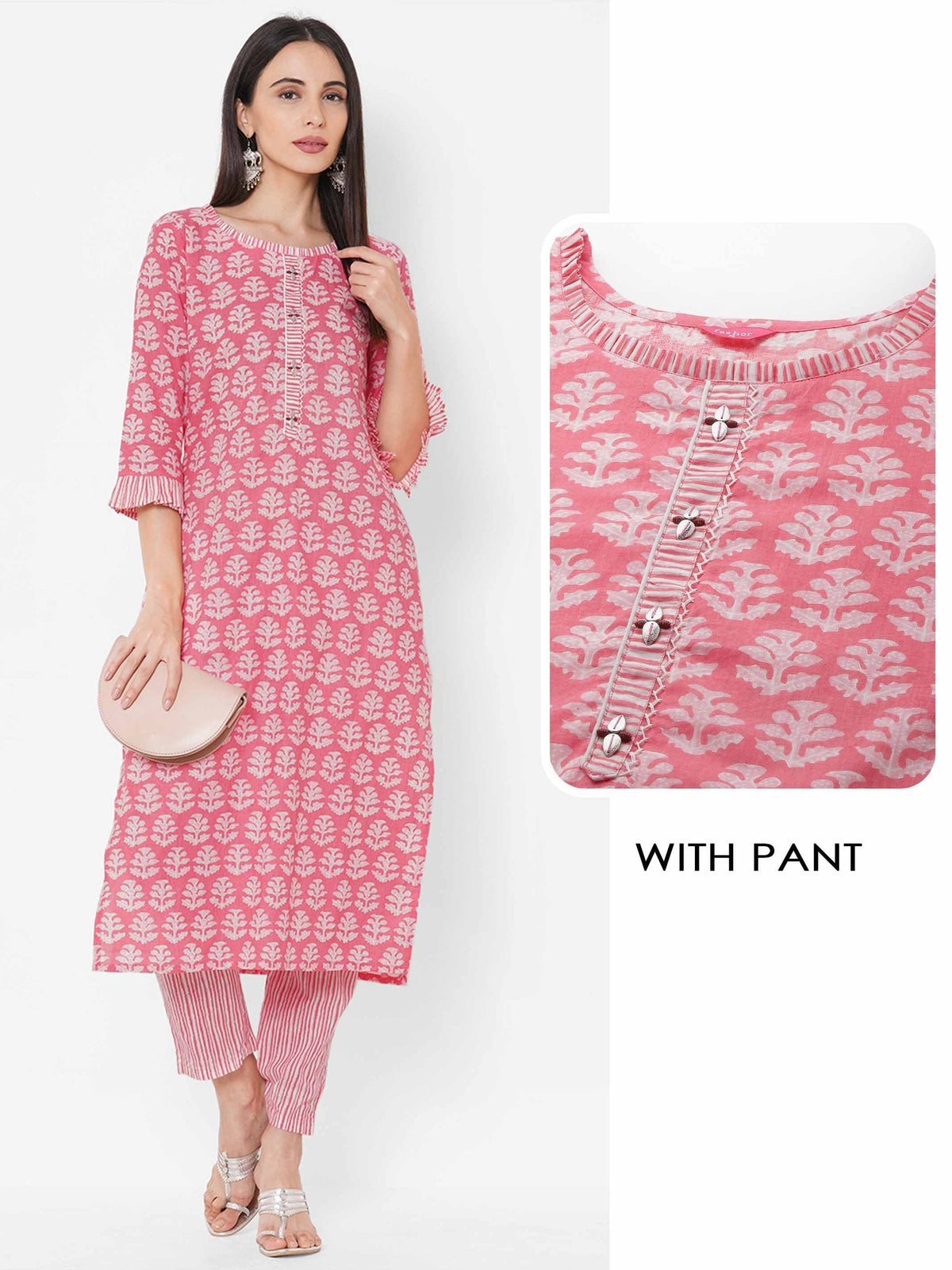 Floral Printed Pink Straight Cotton Kurta Pant Set