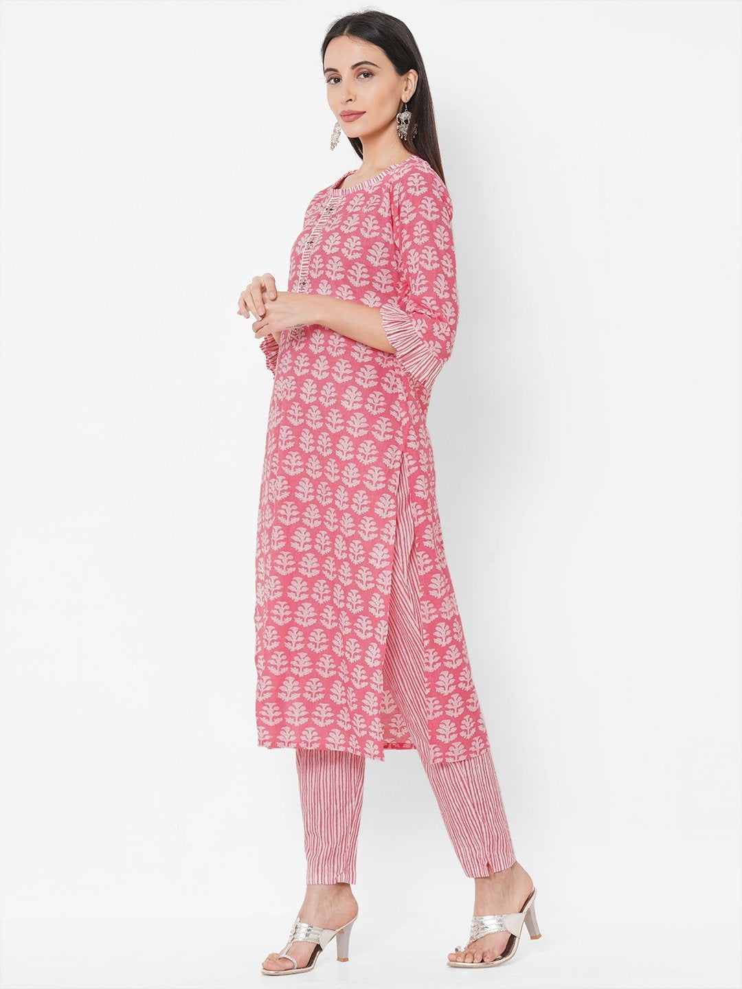 Floral Printed Pink Straight Cotton Kurta Pant Set