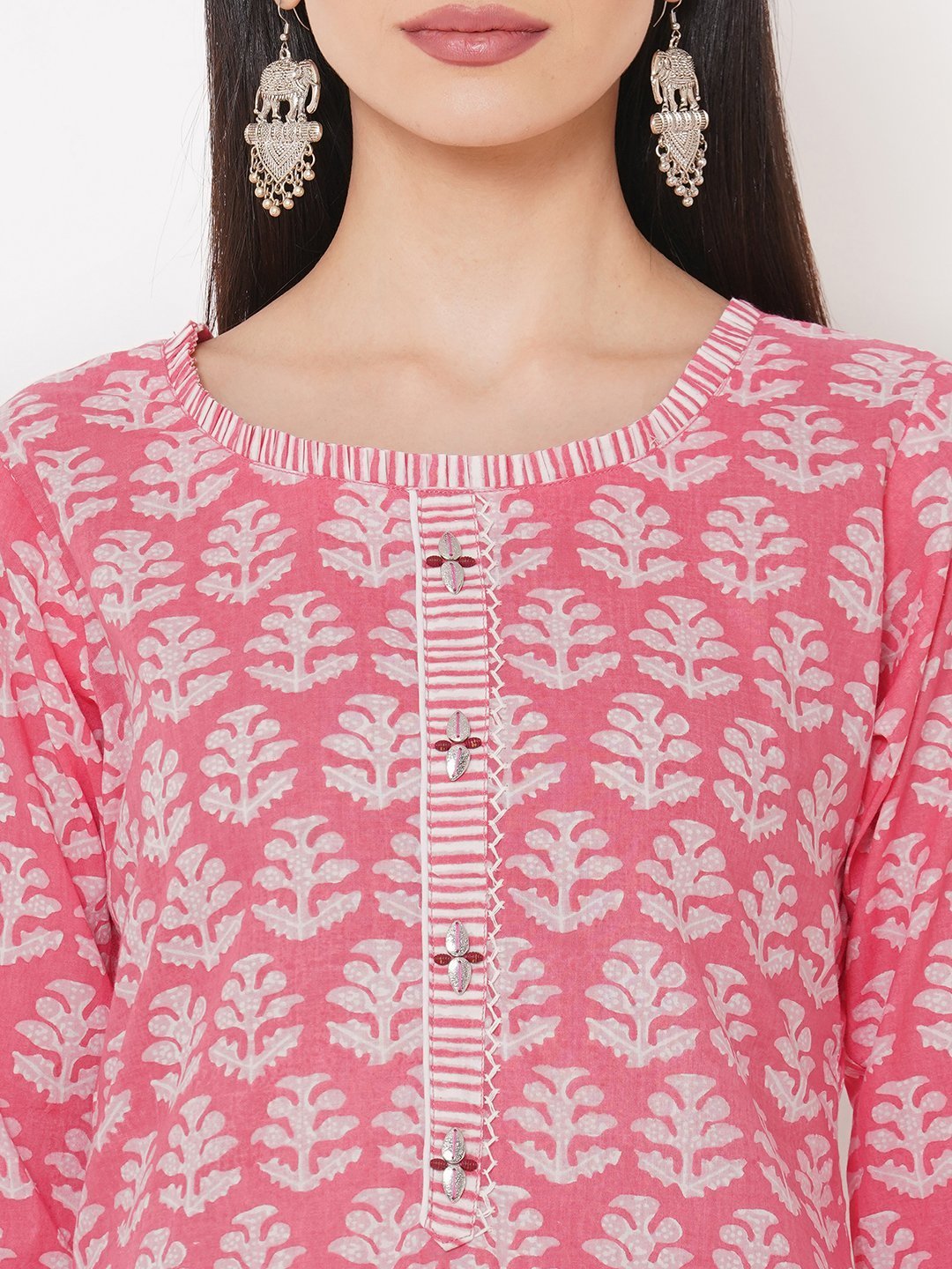 Floral Printed Pink Straight Cotton Kurta Pant Set