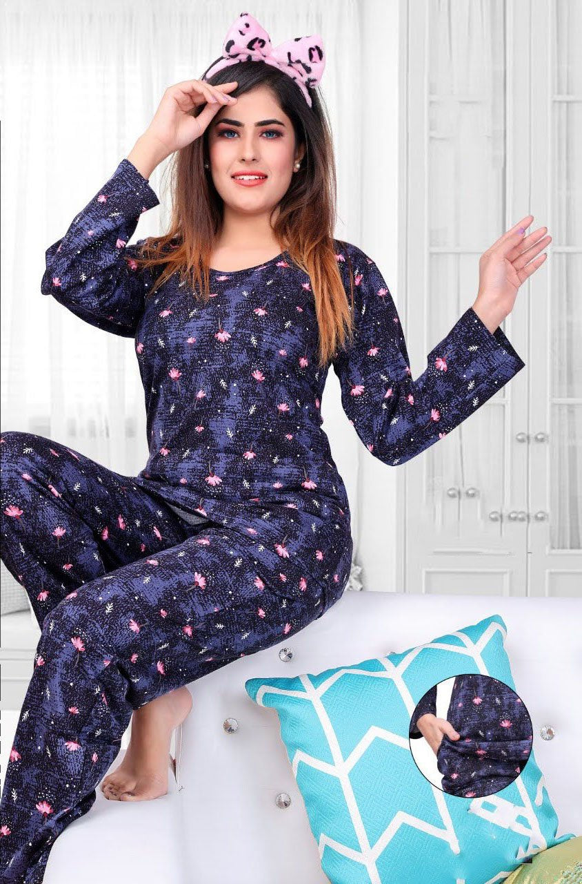 Full Sleeves Blue Printed Cotton Night Suit for Women - Stilento