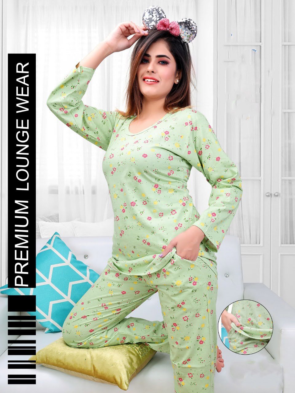 Full Sleeves Green Printed Cotton Night Suit for Women - Stilento