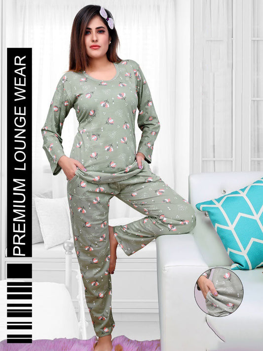 Full Sleeves Green Printed Long Top Cotton Night Suit - Stilento