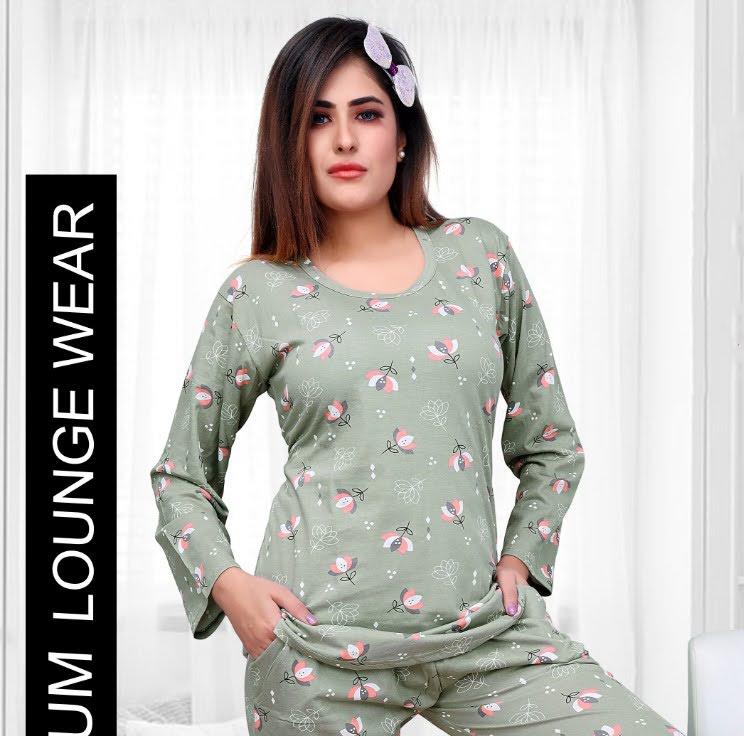 Full Sleeves Green Printed Long Top Cotton Night Suit - Stilento