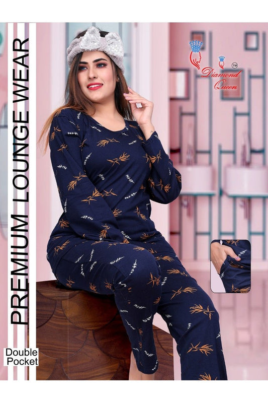 Full Sleeves Hosiery Cotton Ladies Night Suits Blue - Stilento