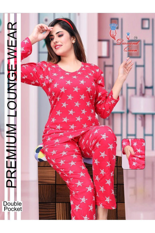 Full Sleeves Hosiery Cotton Ladies Night Suits Red - Stilento