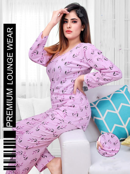 Full Sleeves Purple Printed Long Top Cotton Night Suit - Stilento