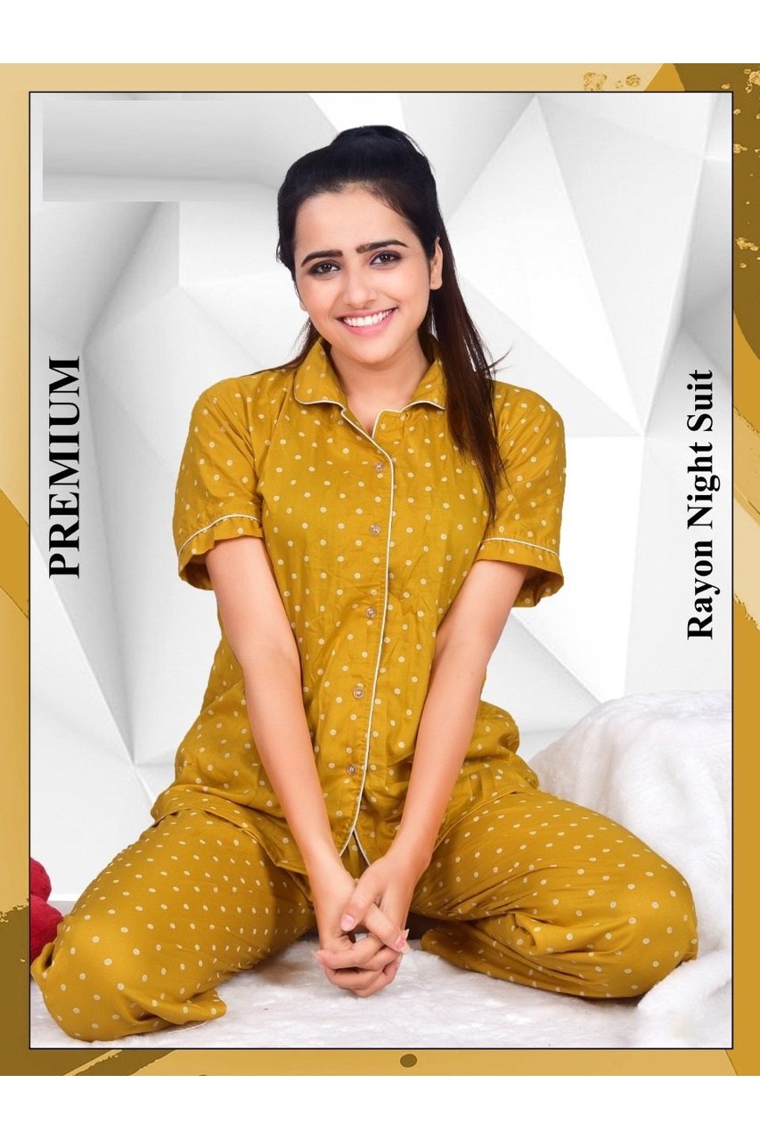 Full Sleeves Rayon Women Night Suits Yellow
