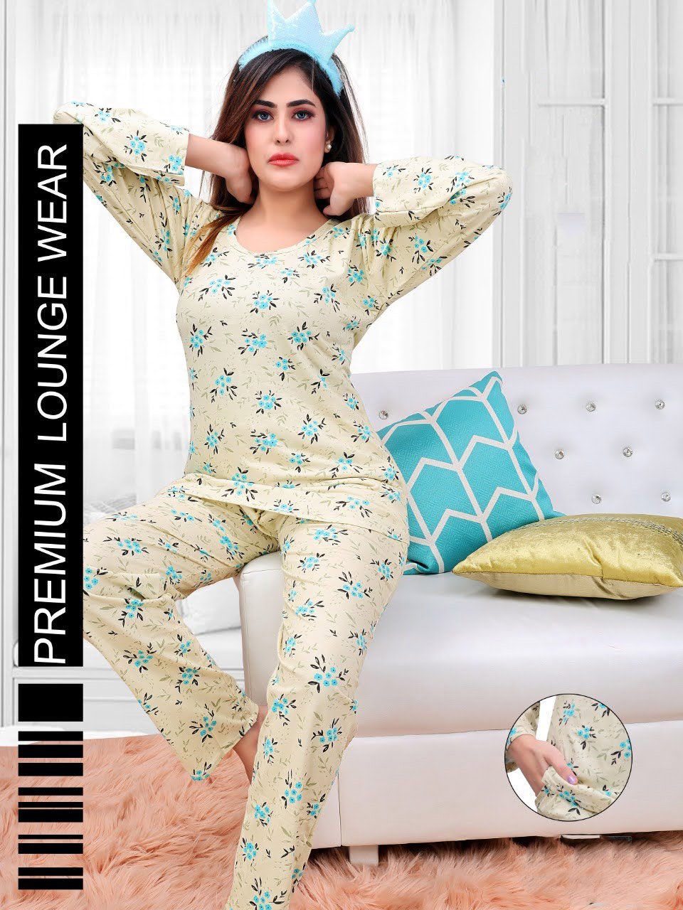 Full Sleeves Yellow Printed Hosiery Cotton Night Suit for Women - Stilento
