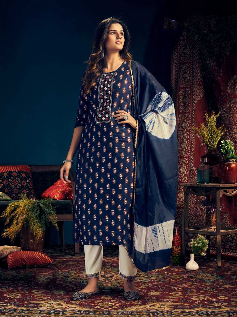 Fully Stitched Rayon Dark Blue Salwar Suits with Dupatta - Stilento