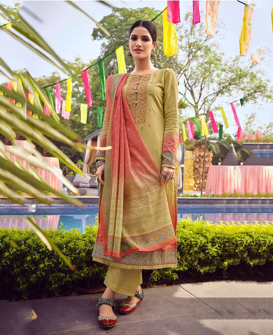 Pure Lawn Cotton Mehendi Green Unstitched Suit Material for Women
