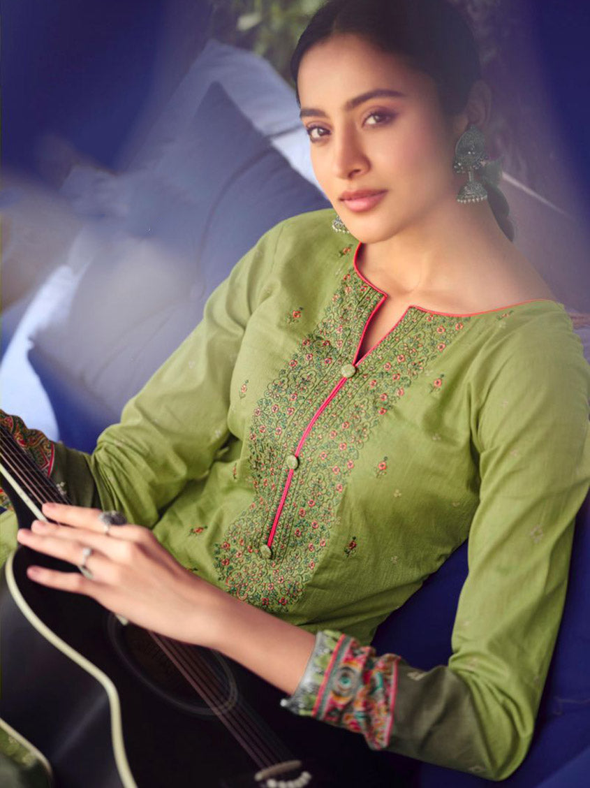 Pure Lawn Cotton Green Unstitched Suit Material for Women
