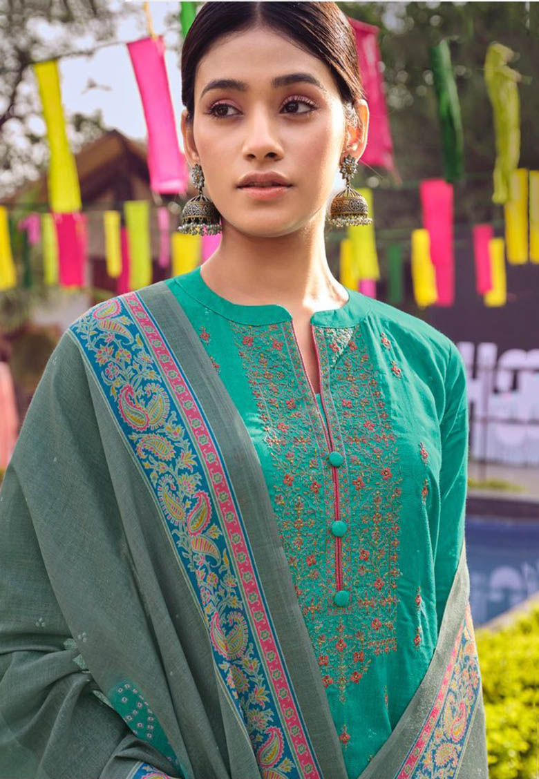 Pure Lawn Cotton Teal Green Unstitched Suit Material for Women