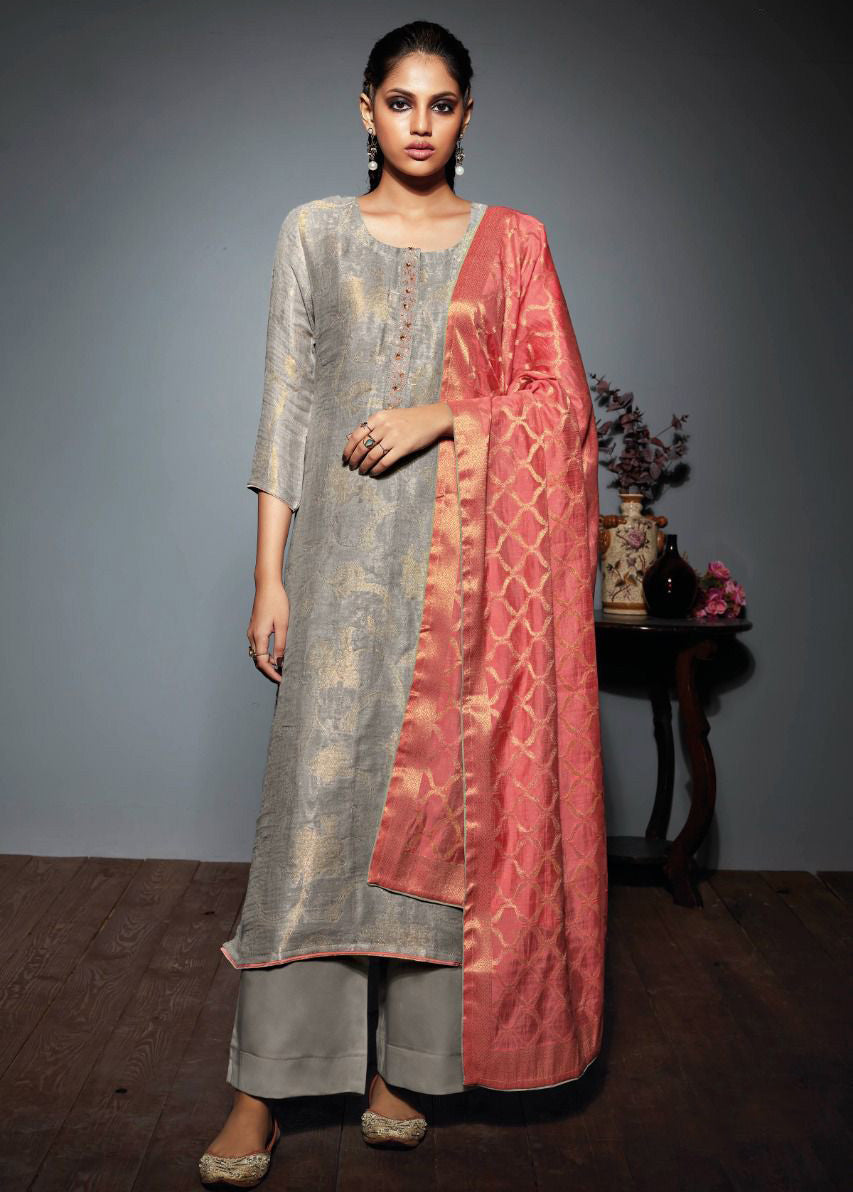 Ganga Cotton Linen Jacquard Grey Unstitched Suits - Stilento
