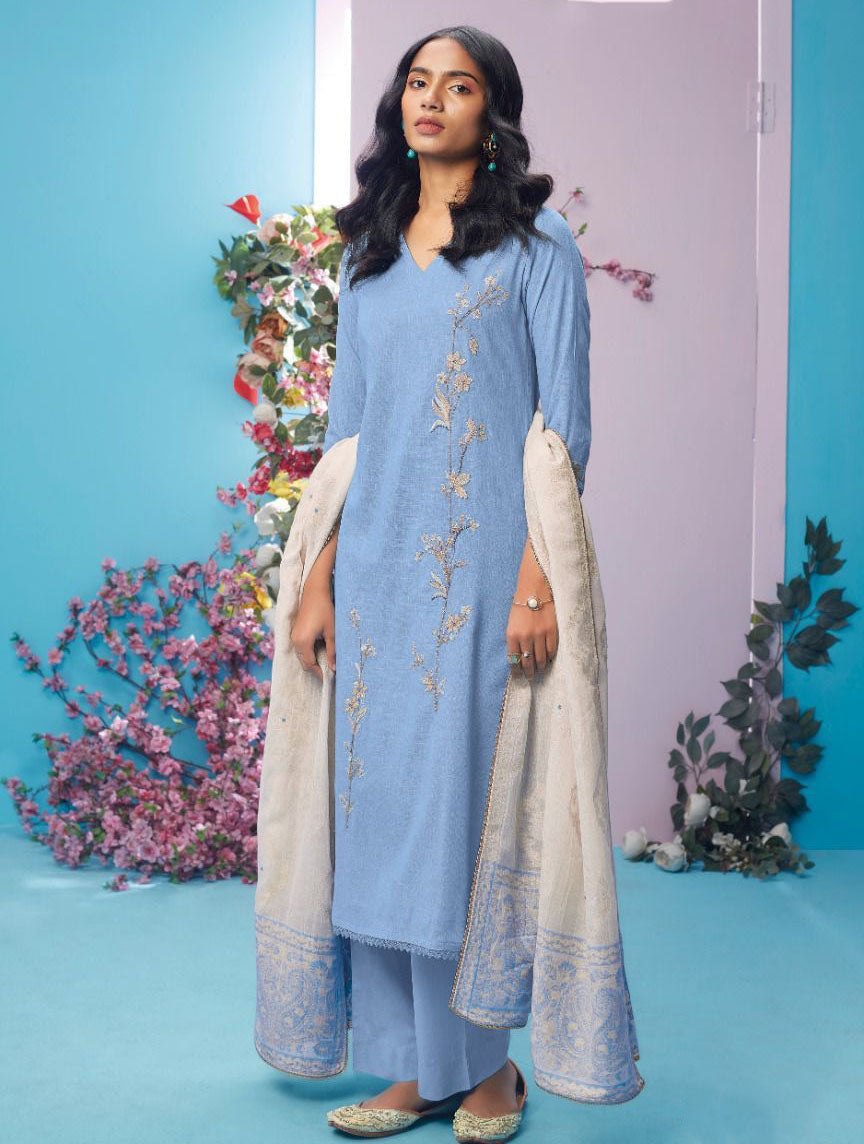 Ganga Cotton Linen Unstitched Blue Suit With Embroidery - Stilento
