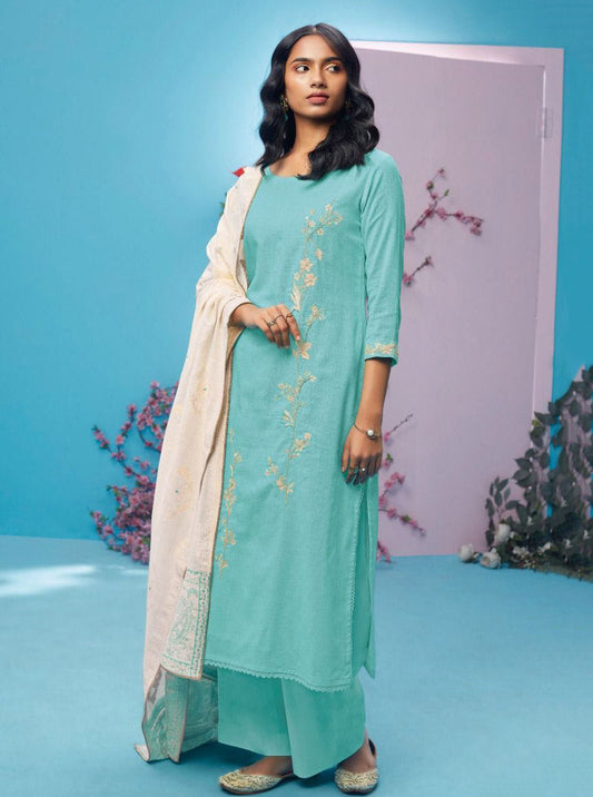 Ganga Cotton Linen Unstitched Green Suit With Embroidery - Stilento