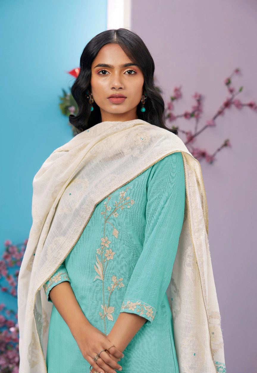 Ganga Cotton Linen Unstitched Green Suit With Embroidery - Stilento