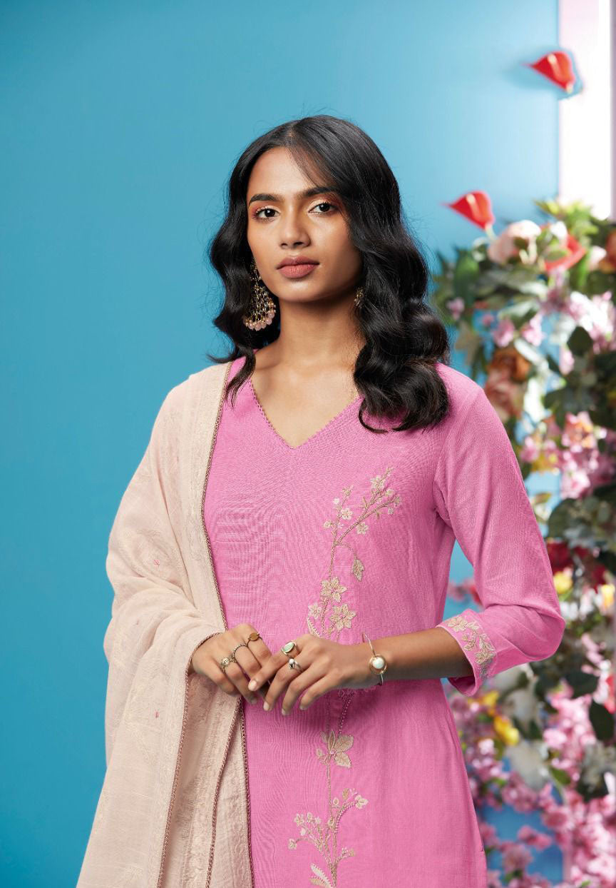 Ganga Cotton Linen Unstitched Pink Suit With Embroidery - Stilento