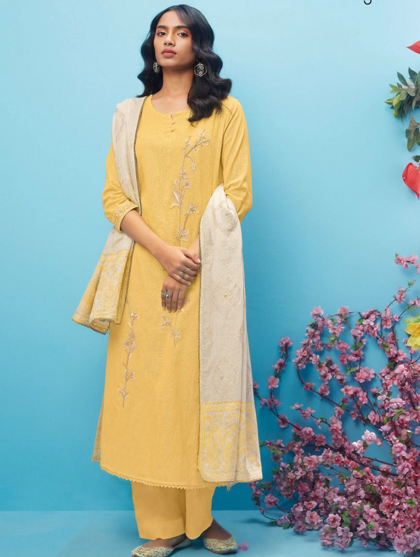 Ganga Cotton Linen Unstitched Yellow Suit With Embroidery - Stilento
