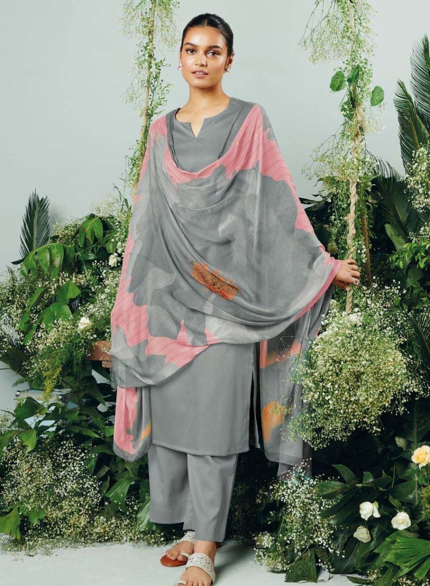 Ganga Cotton Satin Unstitched Grey Suit With Chiffon Dupatta - Stilento