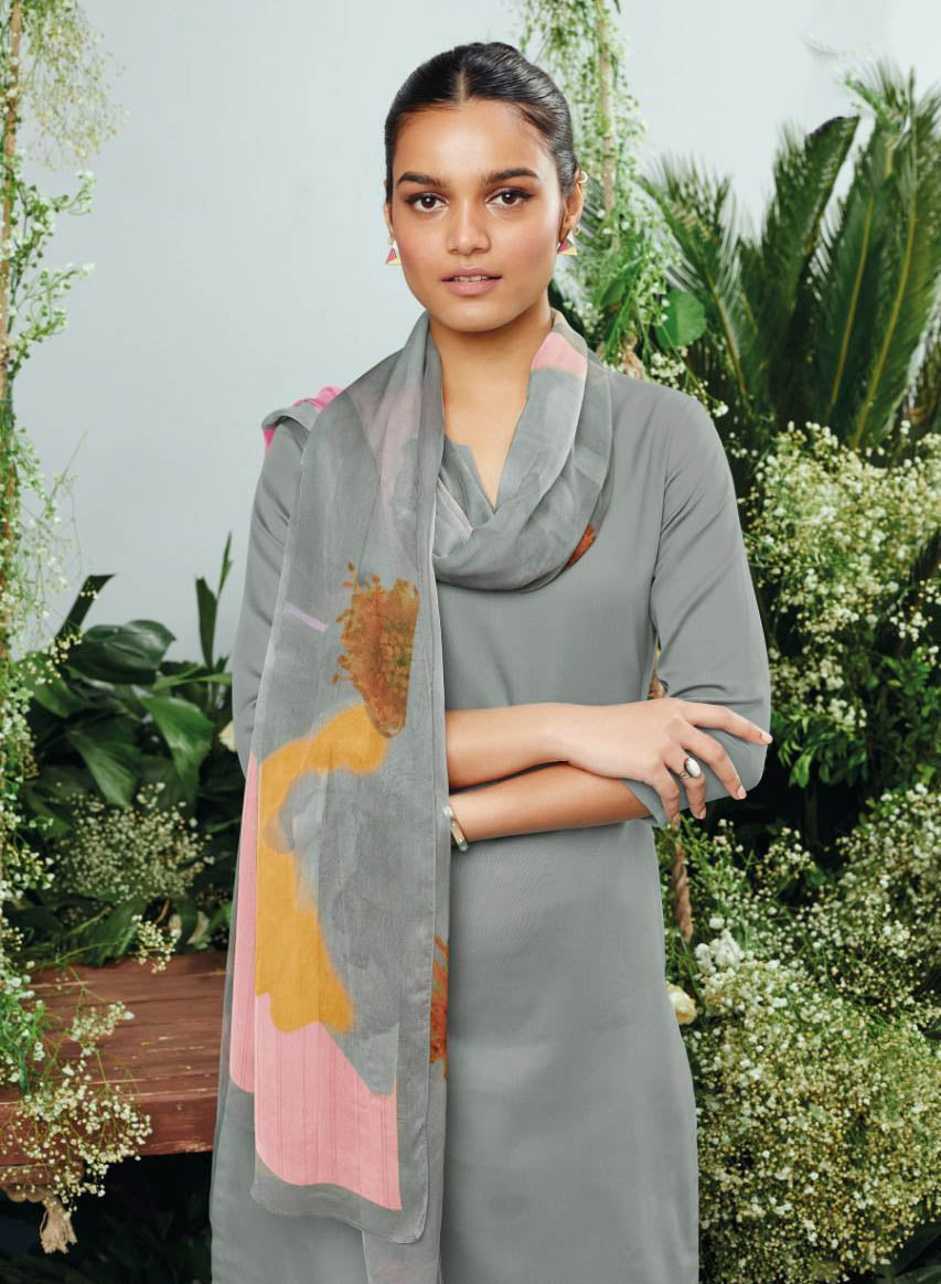 Ganga Cotton Satin Unstitched Grey Suit With Chiffon Dupatta - Stilento