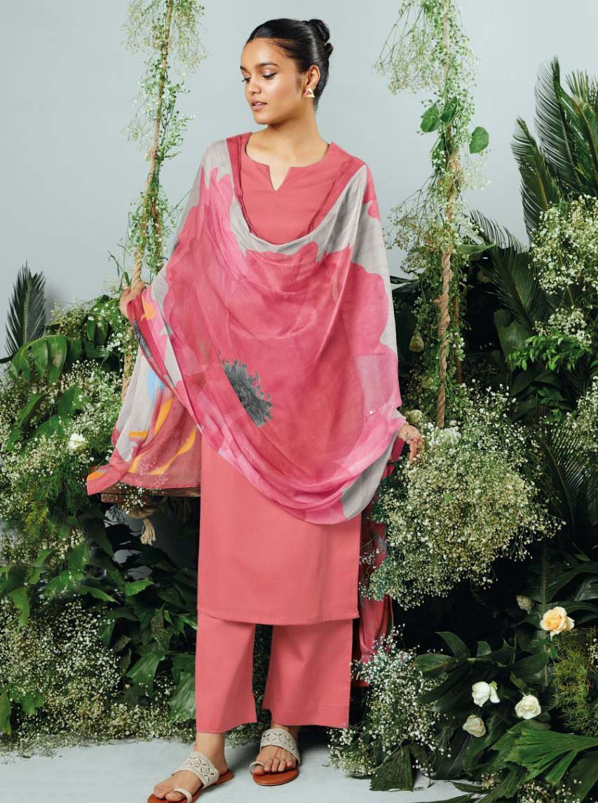 Ganga Cotton Satin Unstitched Pink Suit With Chiffon Dupatta - Stilento