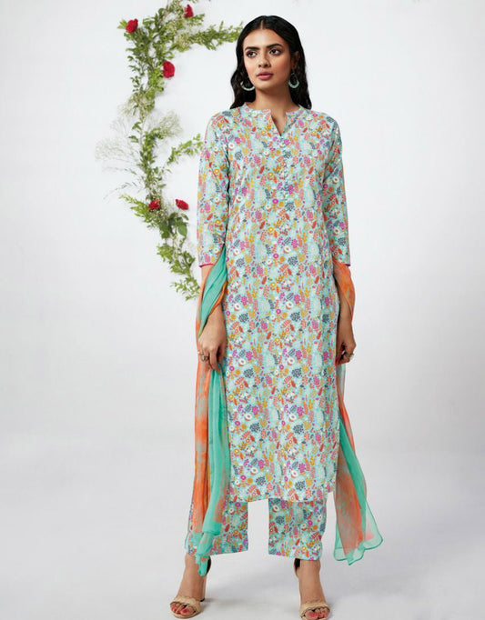 Ganga Cotton Unstitched Suit Material With Chiffon Dupatta