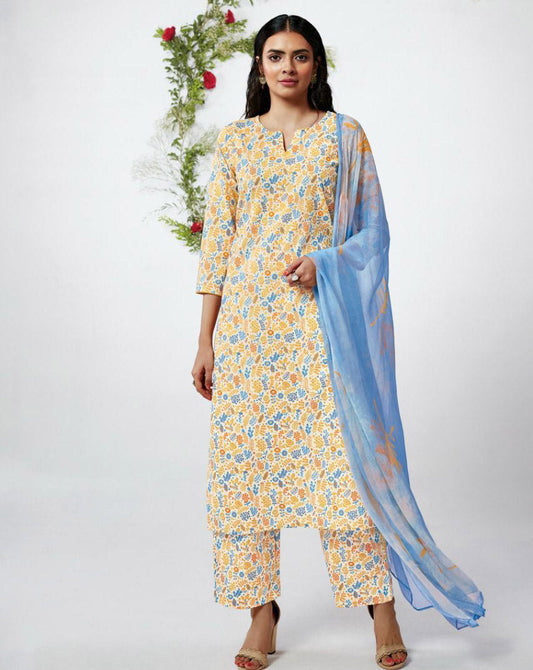 Ganga Cotton Unstitched Suit Material With Chiffon Dupatta