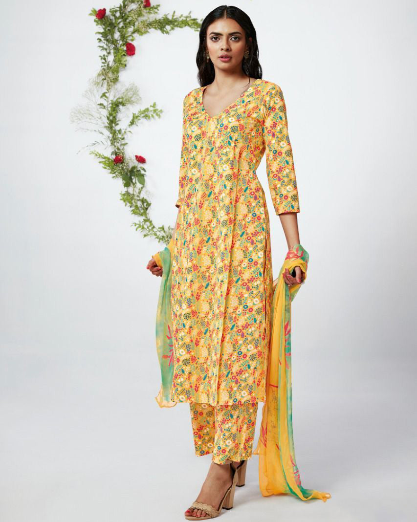 Ganga Cotton Unstitched Suit With Yellow Chiffon Dupatta - Stilento