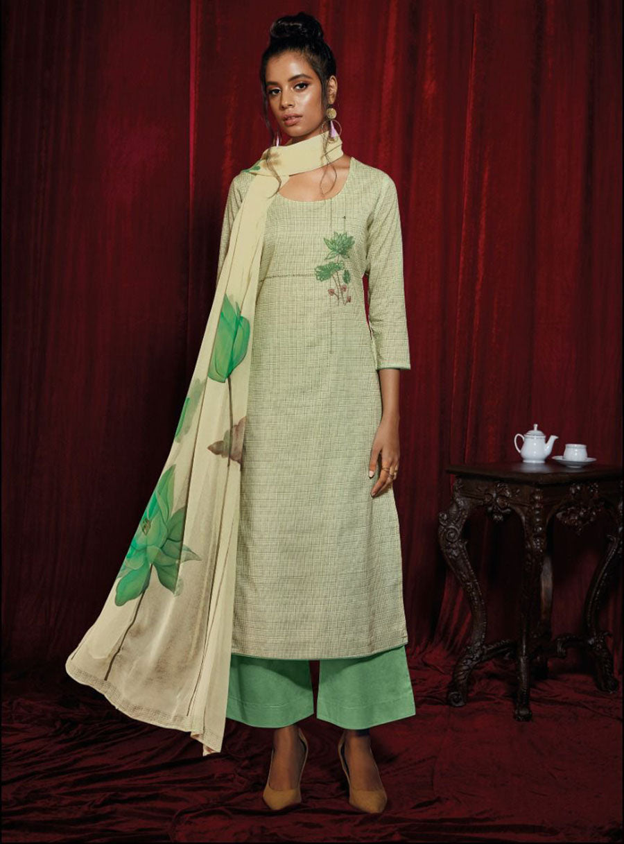 Ganga Fashion Green Pure Cotton Unstitched Suit Set - Stilento