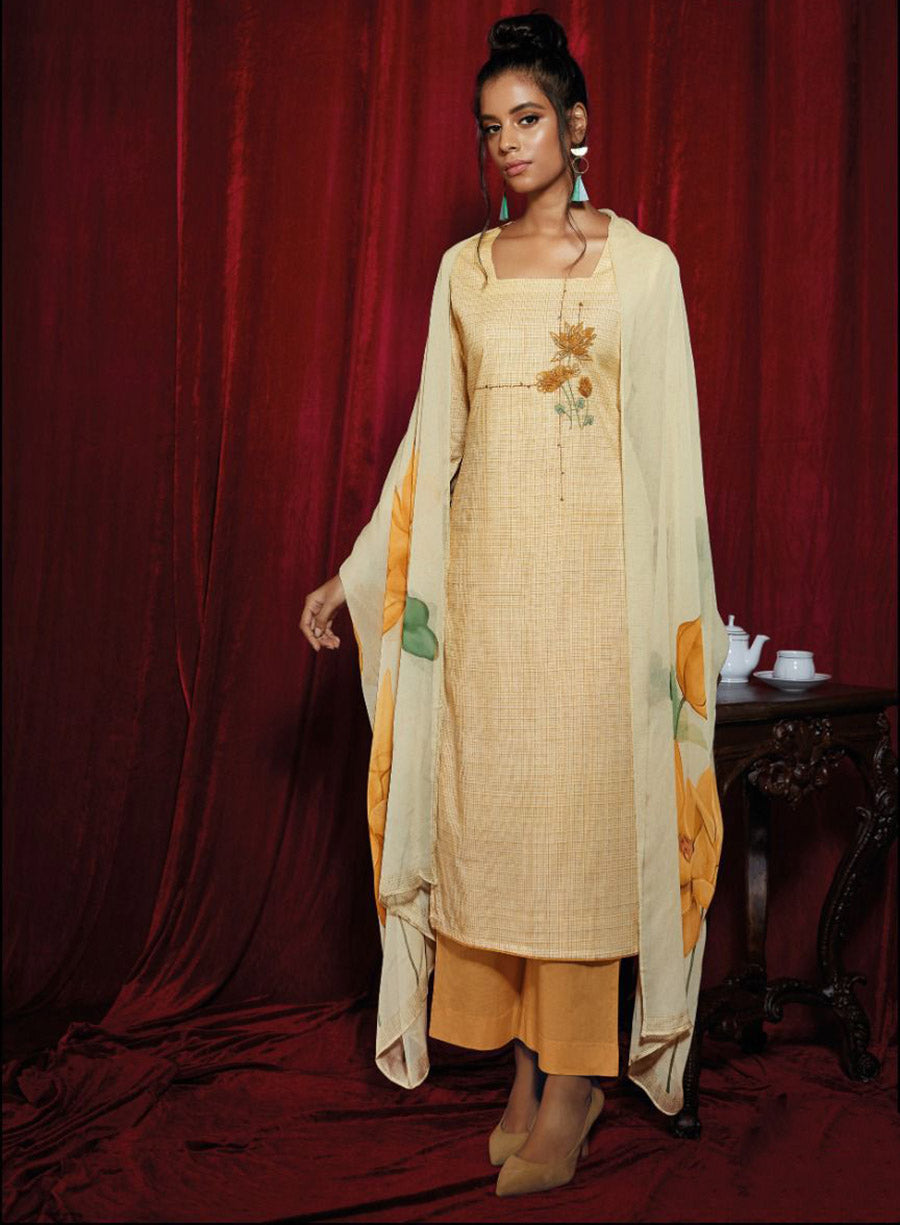 Ganga Fashion Yellow Pure Cotton Unstitched Suit Set - Stilento