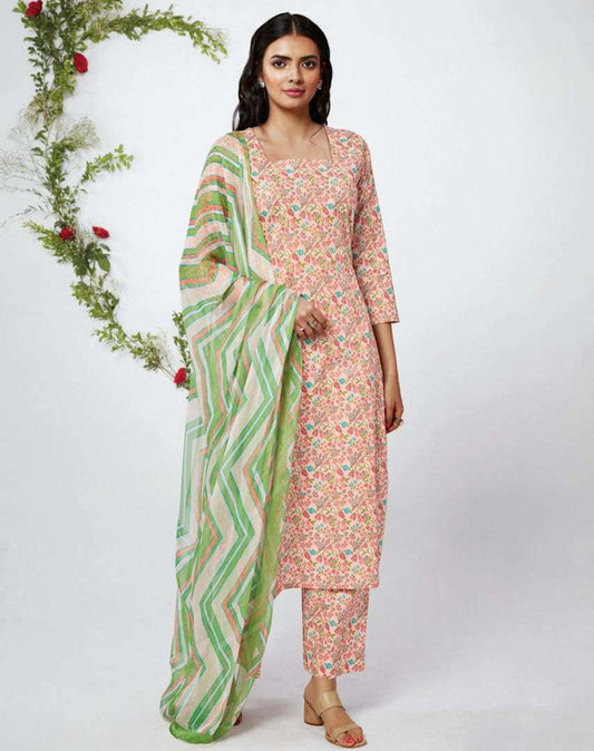 Ganga Pink Pure Cotton Unstitched Suit with Chiffon Dupatta - Stilento