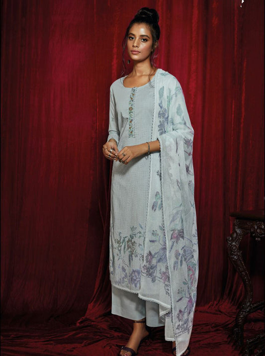 Ganga Pure Cotton Unstitched Blue Suit with Embroidery