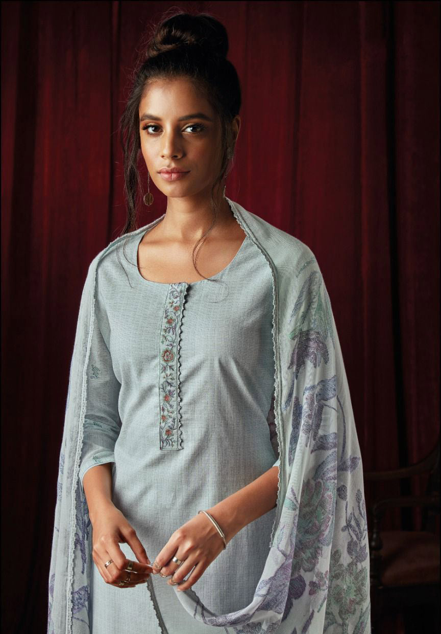 Ganga Pure Cotton Unstitched Blue Suit with Embroidery - Stilento