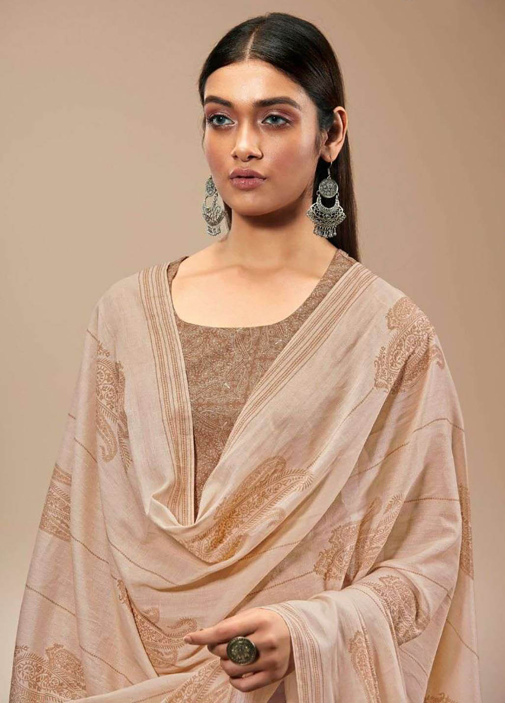 Ganga Pure Cotton Unstitched Brown Salwar Suits With Dupatta - Stilento
