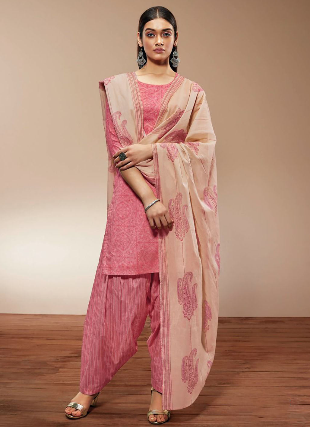 Ganga Pure Cotton Unstitched Pink Salwar Suits With Dupatta - Stilento