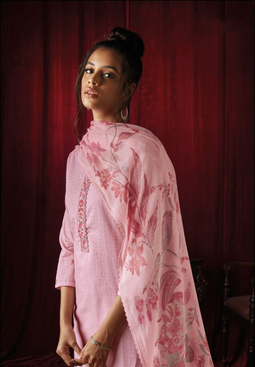 Ganga Pure Cotton Unstitched Pink Suit with Embroidery - Stilento