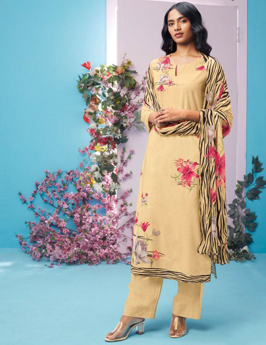 Ganga Pure Cotton Unstitched Suit With Chiffon Dupatta - Stilento