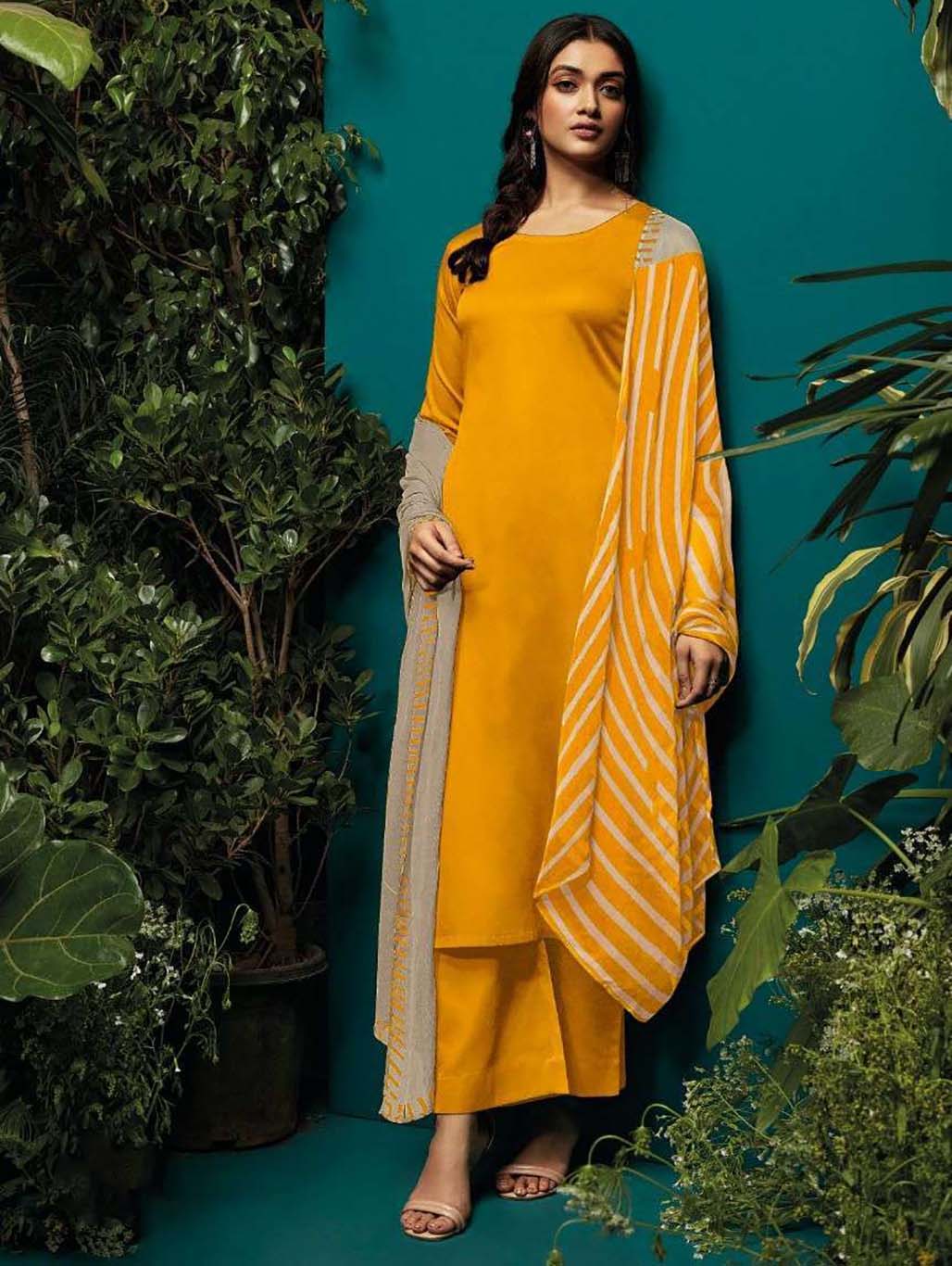 Ganga Pure Cotton Unstitched Yellow Salwar Suits With Dupatta - Stilento
