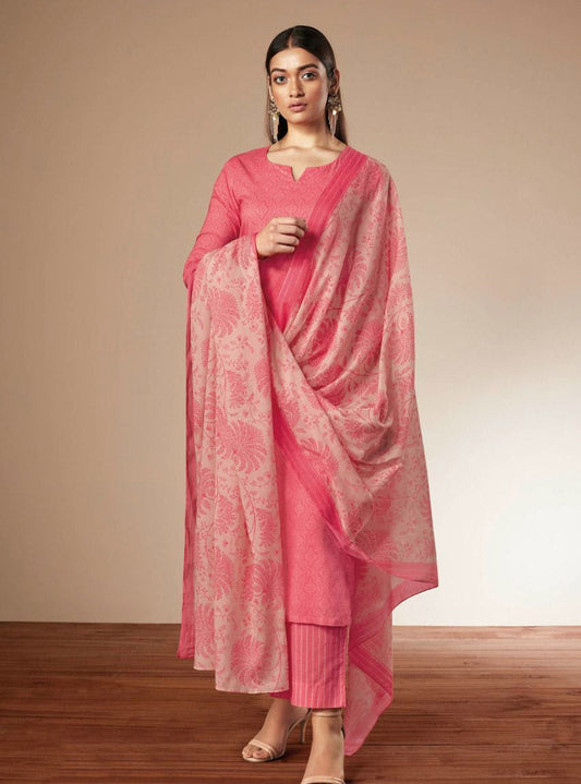 Ganga Unstitched Pink Cotton Printed Dress Material for Ladies